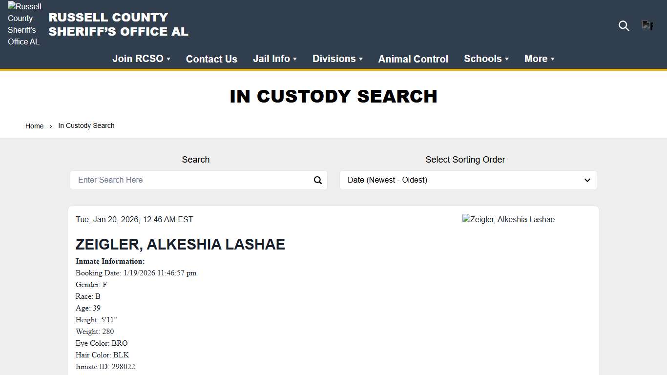In Custody Search | Russell County Sheriff’s Office AL